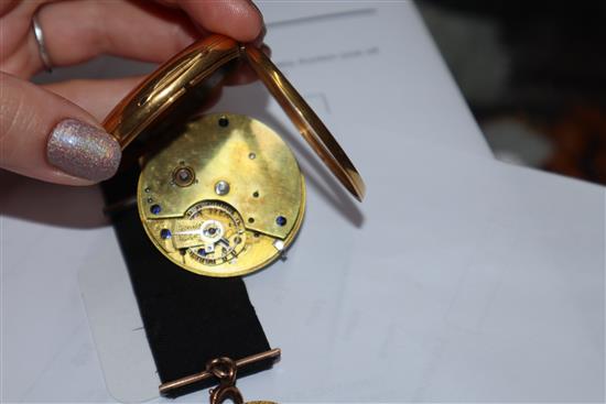 An 18ct gold open face pocket watch, on sash hung with a gold spade guinea(worn).